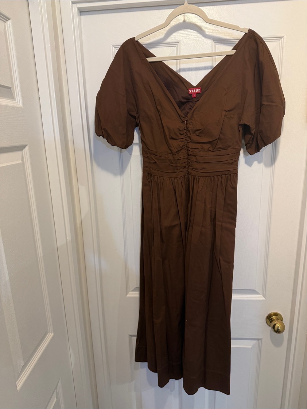 STAUD Chocolate Brown V-Neck Puff Sleeve Midi Dress (Never Worn)